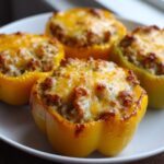 Four bright yellow Air Fryer Stuffed Bell Peppers topped with melted, browned cheese served on a white plate.