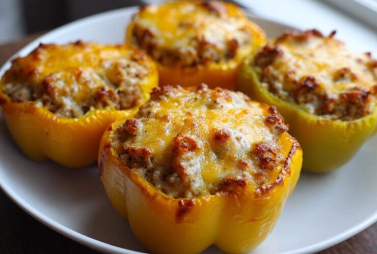 Four bright yellow Air Fryer Stuffed Bell Peppers topped with melted, browned cheese served on a white plate.