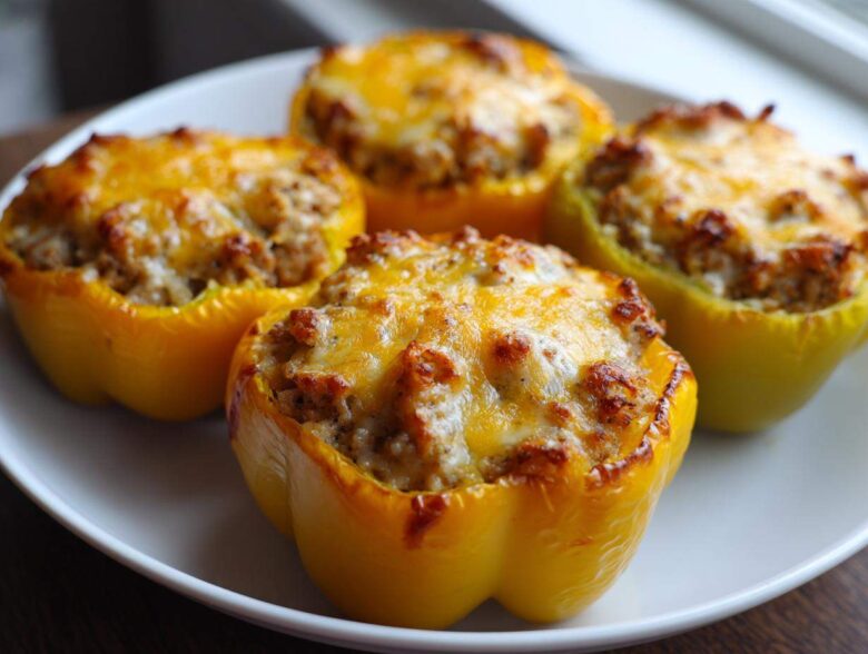 Four bright yellow Air Fryer Stuffed Bell Peppers topped with melted, browned cheese served on a white plate.