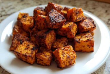 A pile of seasoned and perfectly crispy Air Fryer Sweet Potato Cubes served on a white plate.