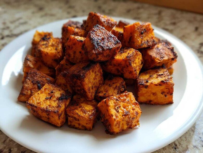 A pile of seasoned and perfectly crispy Air Fryer Sweet Potato Cubes served on a white plate.
