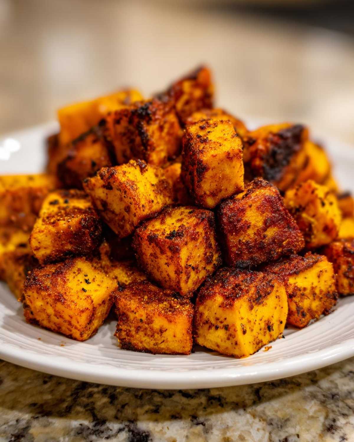A close-up pile of golden brown, perfectly seasoned Air Fryer Sweet Potato Cubes on a white plate.