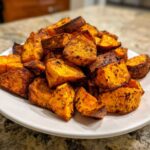 A generous pile of seasoned, crispy Air Fryer Sweet Potato Cubes served on a white plate.