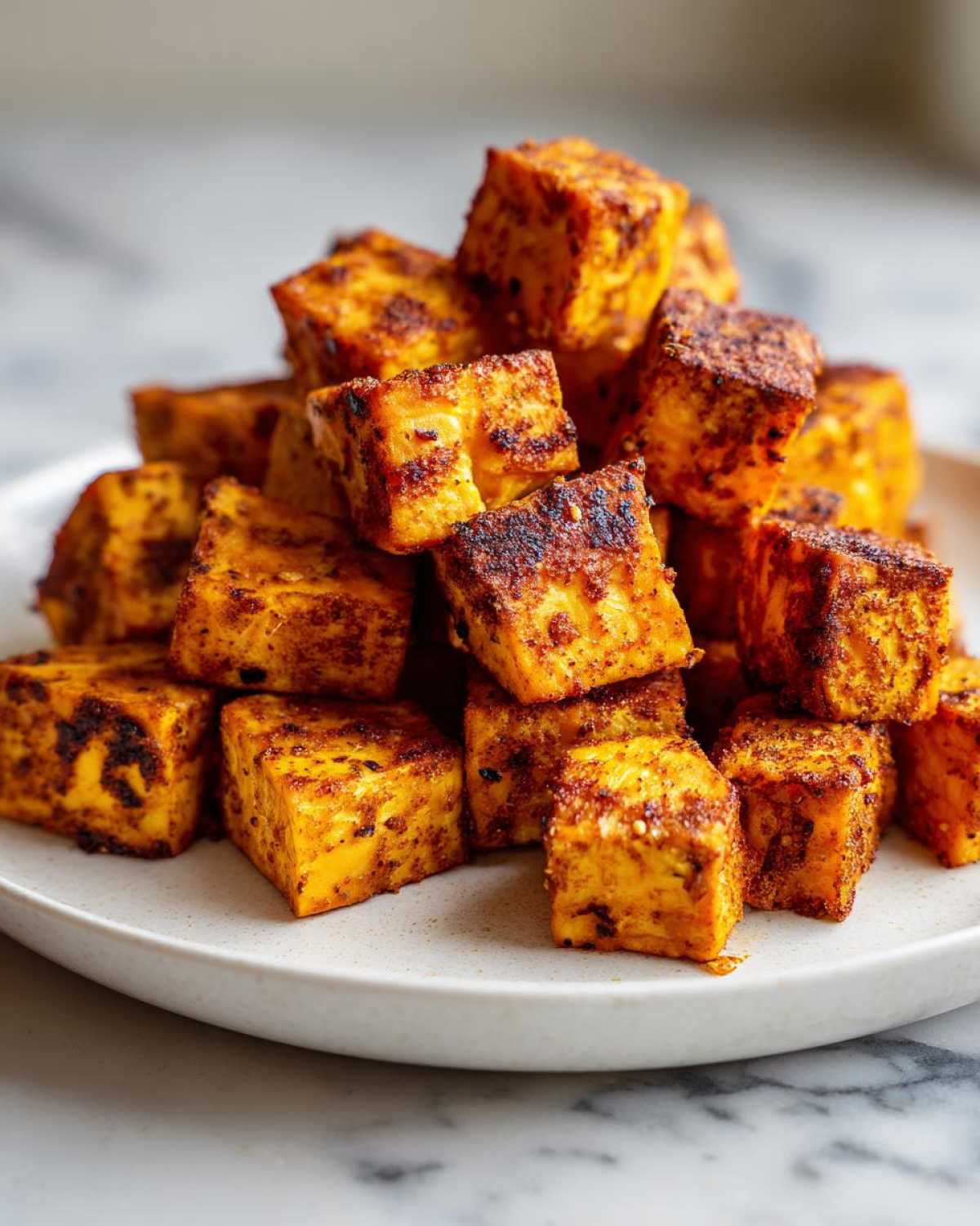A close-up pile of golden brown, seasoned Air Fryer Sweet Potato Cubes stacked on a light speckled plate.