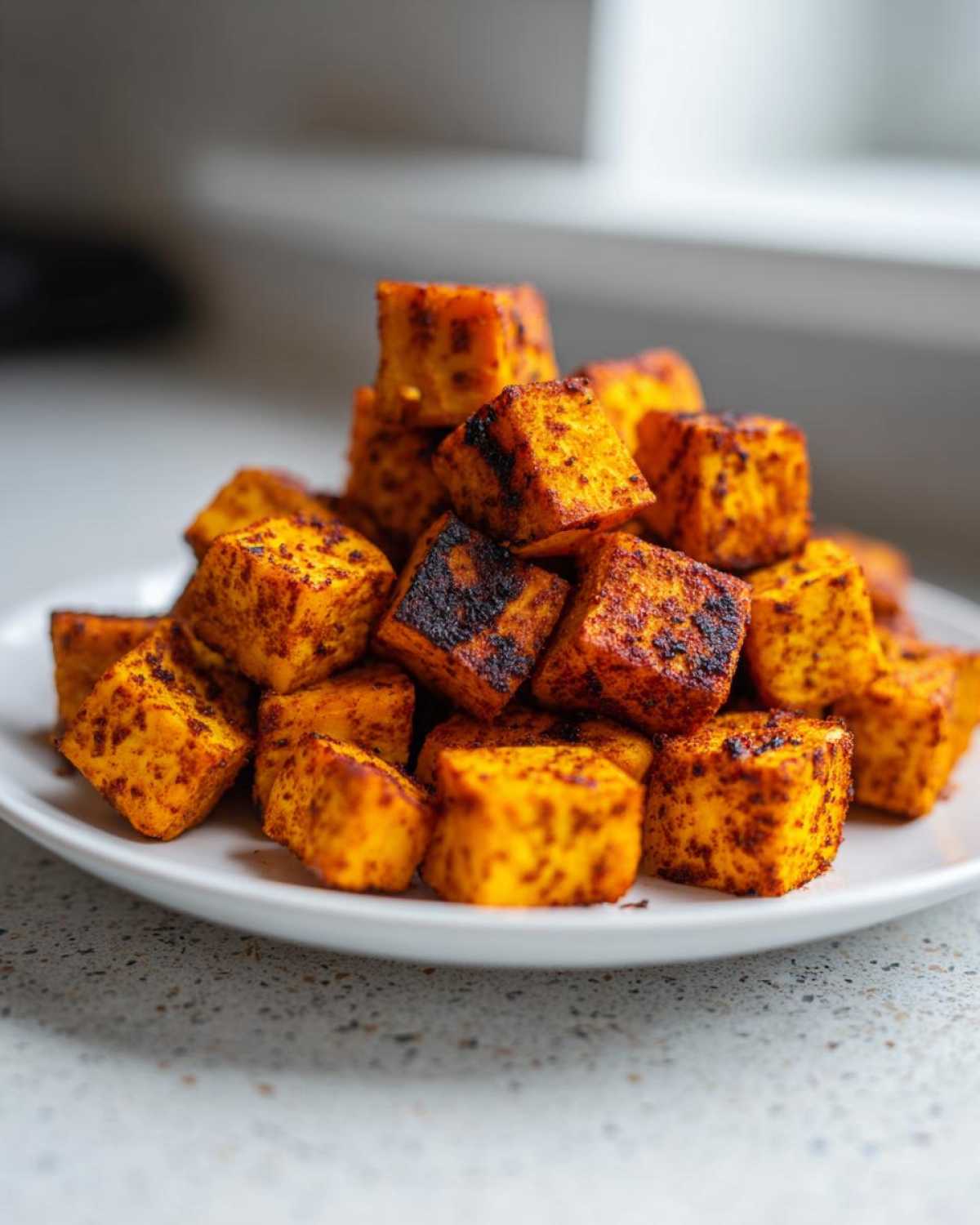 A close-up pile of seasoned and crispy Air Fryer Sweet Potato Cubes stacked on a white plate.
