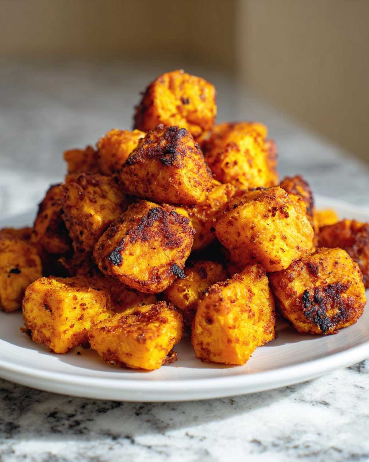 A mound of perfectly seasoned and crispy Air Fryer Sweet Potato Cubes piled high on a white plate.