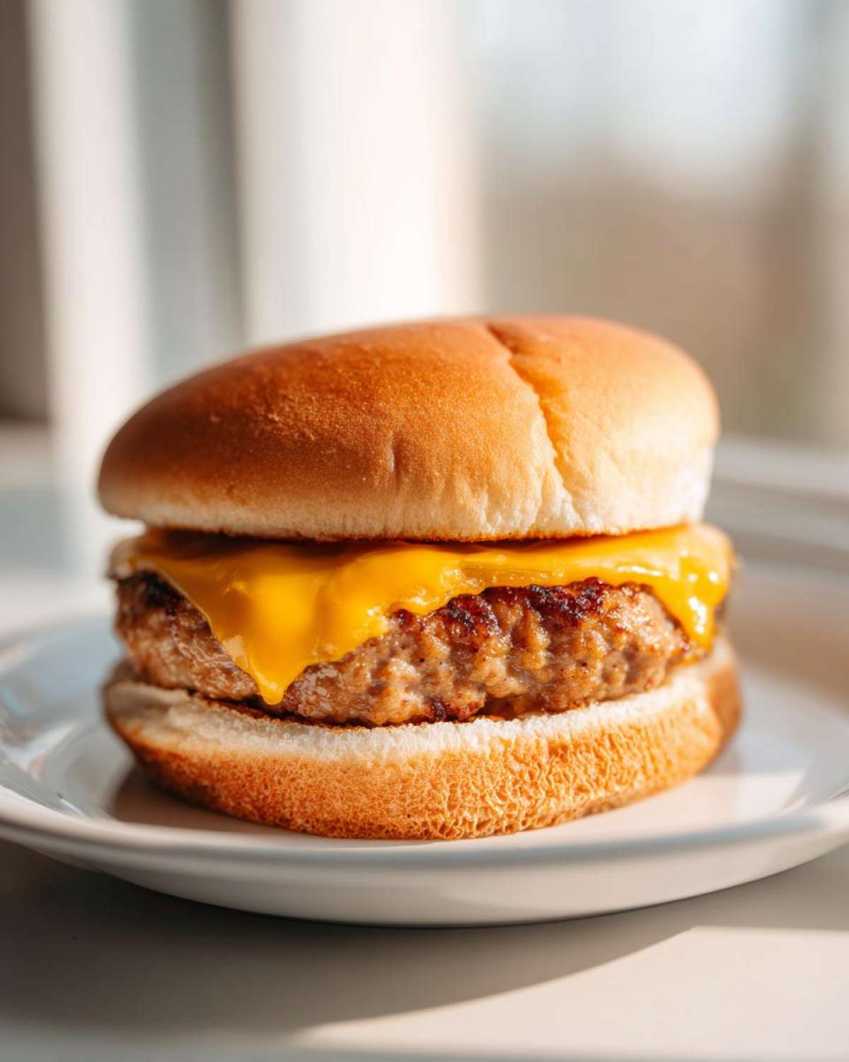 Close-up of a juicy Air Fryer Turkey Burger patty topped with melted cheddar cheese on a toasted bun.