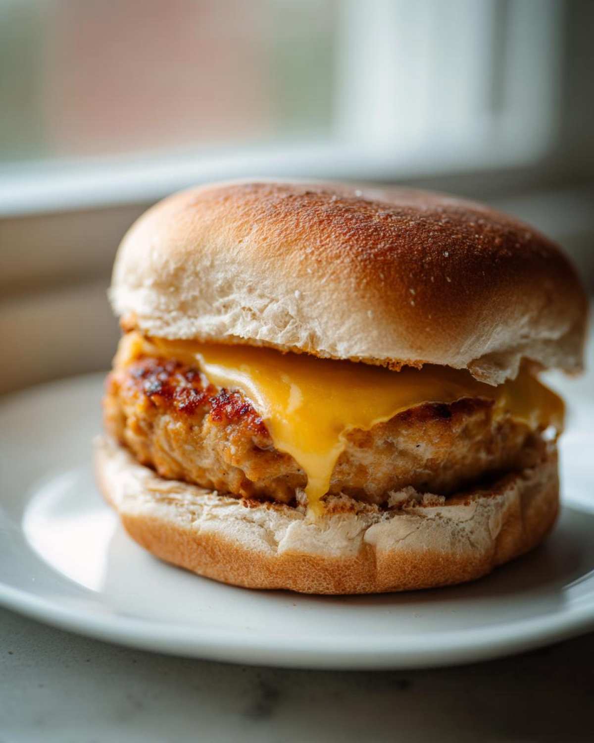 Close-up of a juicy Air Fryer Turkey Burger patty topped with melted cheddar cheese on a toasted bun.