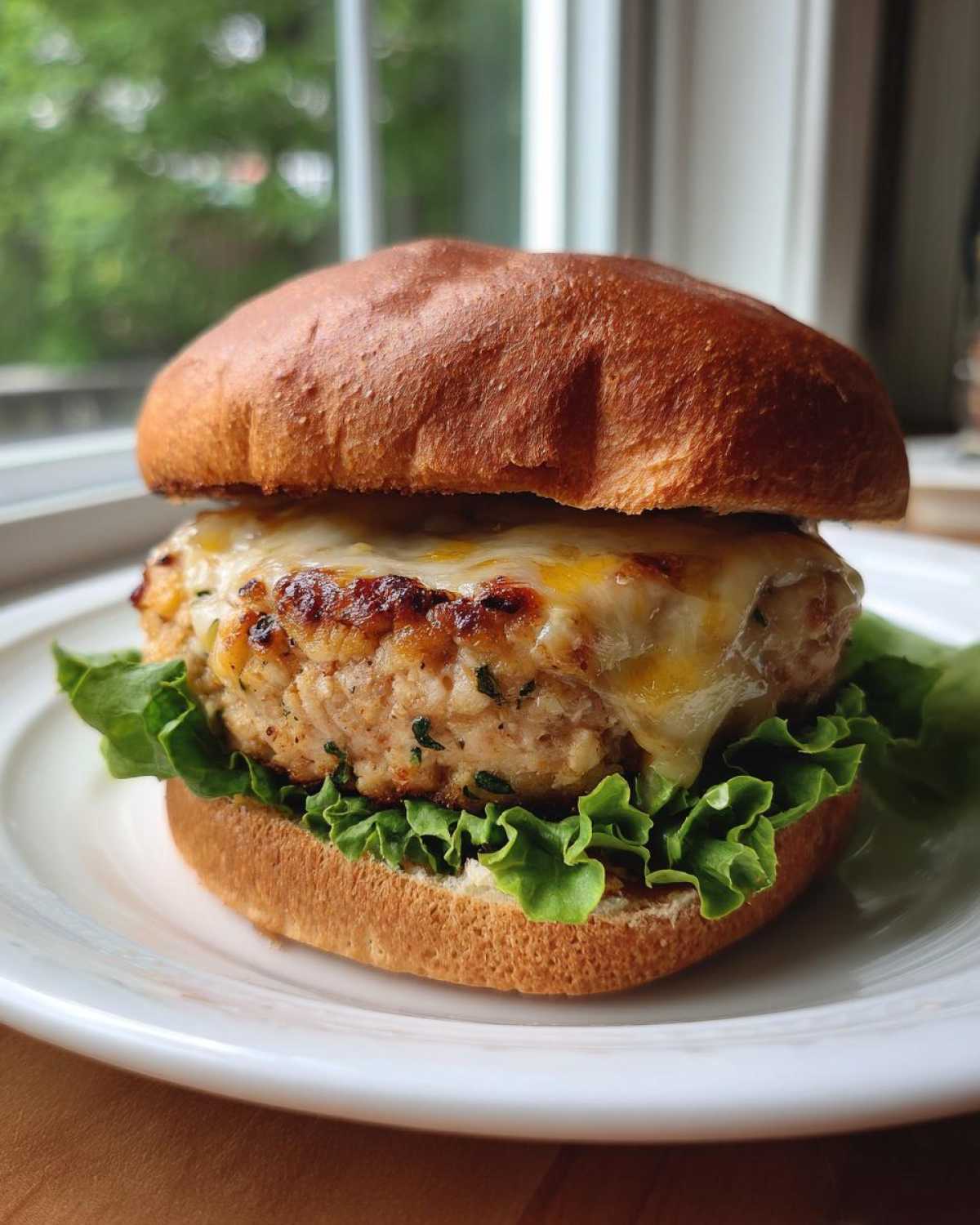 A close-up of a juicy Air Fryer Turkey Burger topped with melted cheese, served on a brioche bun with lettuce.