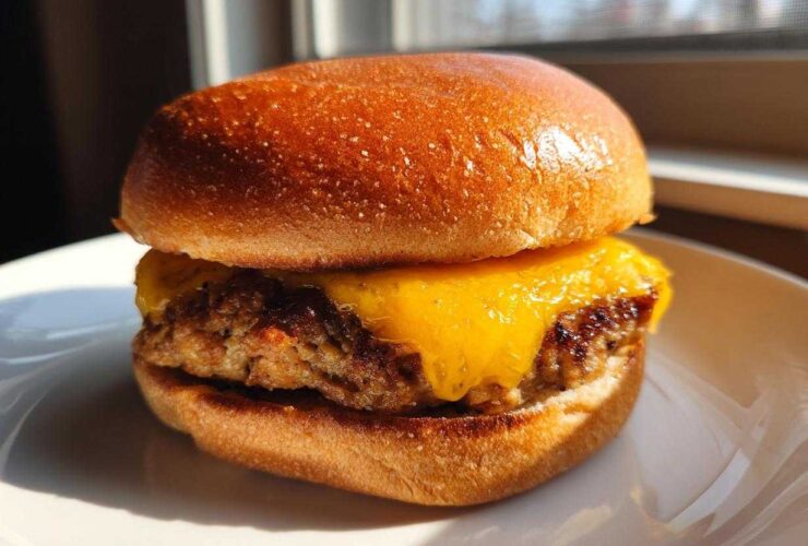 Close-up of a juicy Air Fryer Turkey Burger topped with melted cheddar cheese on a brioche bun.