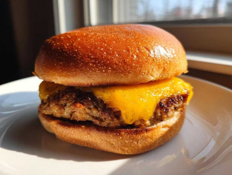 Close-up of a juicy Air Fryer Turkey Burger topped with melted cheddar cheese on a brioche bun.