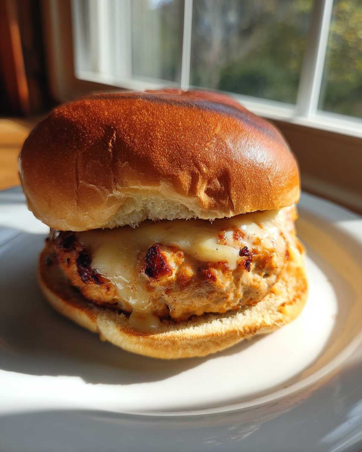 Close-up of a juicy Air Fryer Turkey Burgers patty topped with melted white cheese on a toasted bun.