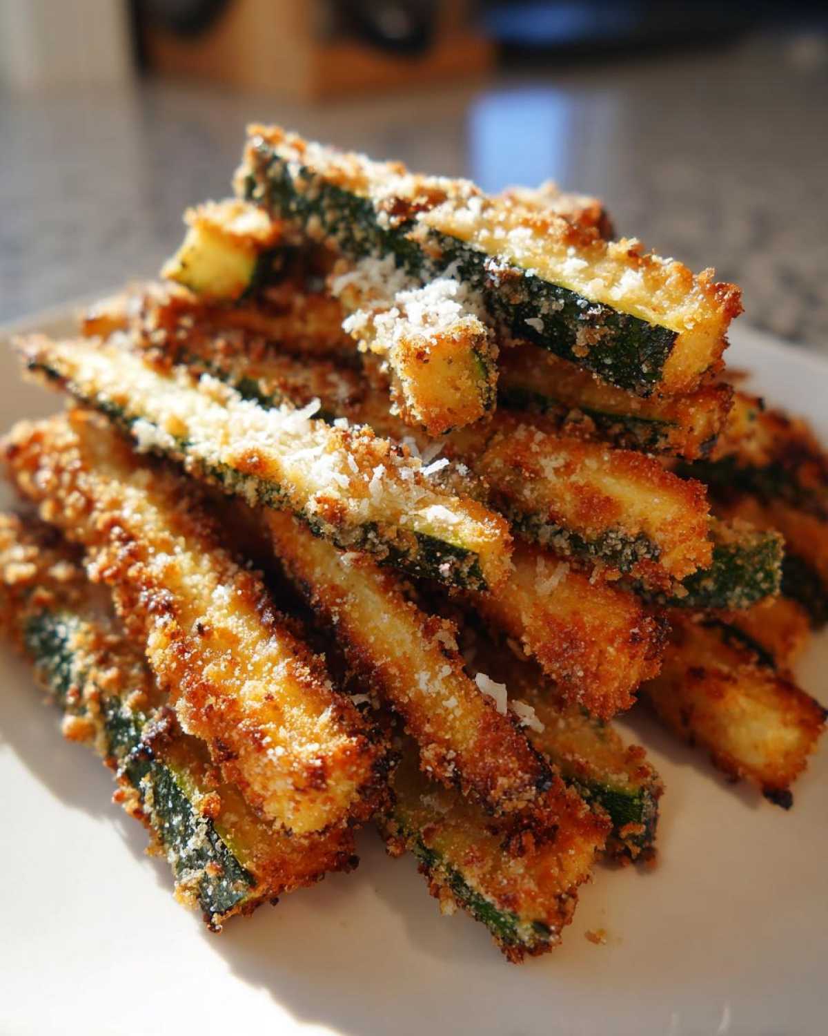 Close-up pile of golden brown Air Fryer Zucchini Fries with Parmesan cheese sprinkled on top.