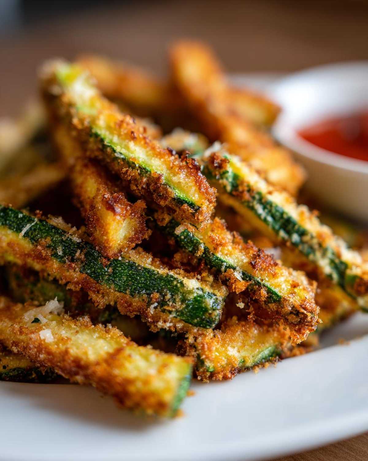 Close-up of golden brown Air Fryer Zucchini Fries with Parmesan stacked on a white plate, ready for dipping.