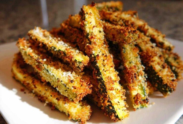 A pile of golden brown, crispy Air Fryer Zucchini Fries with Parmesan cheese sprinkled on top.