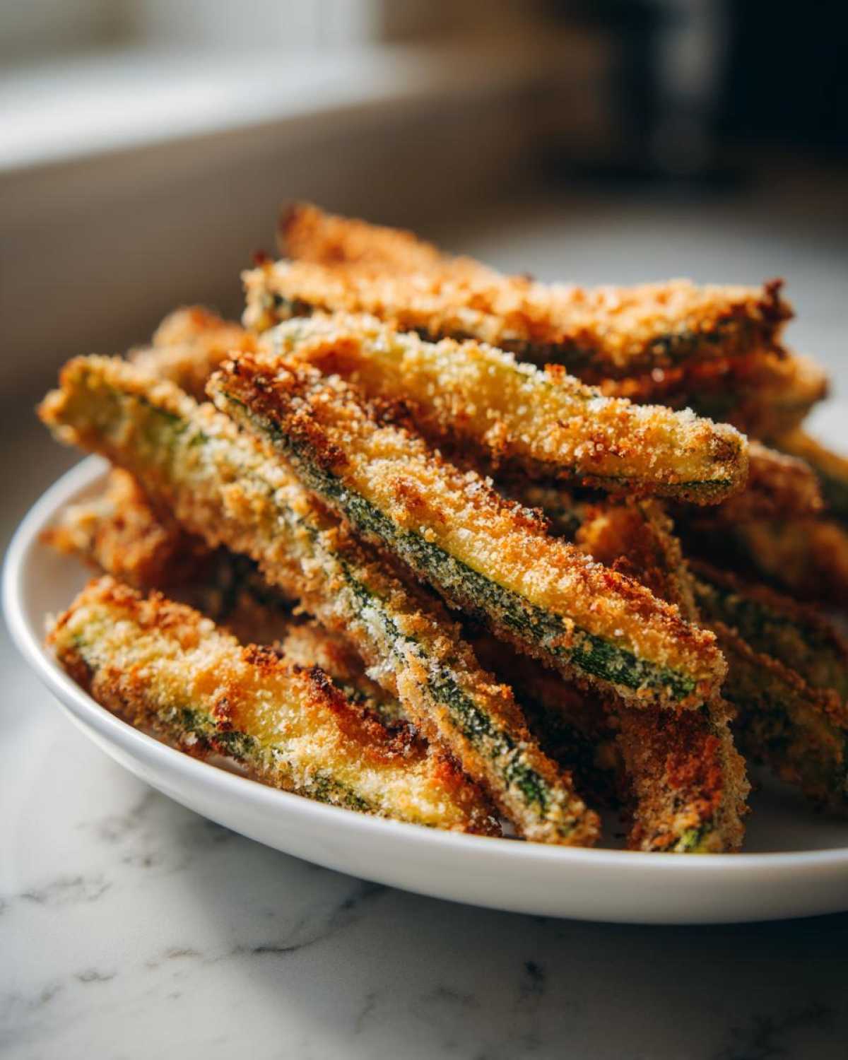 A close-up of golden brown Air Fryer Zucchini Fries with Parmesan stacked on a white plate.