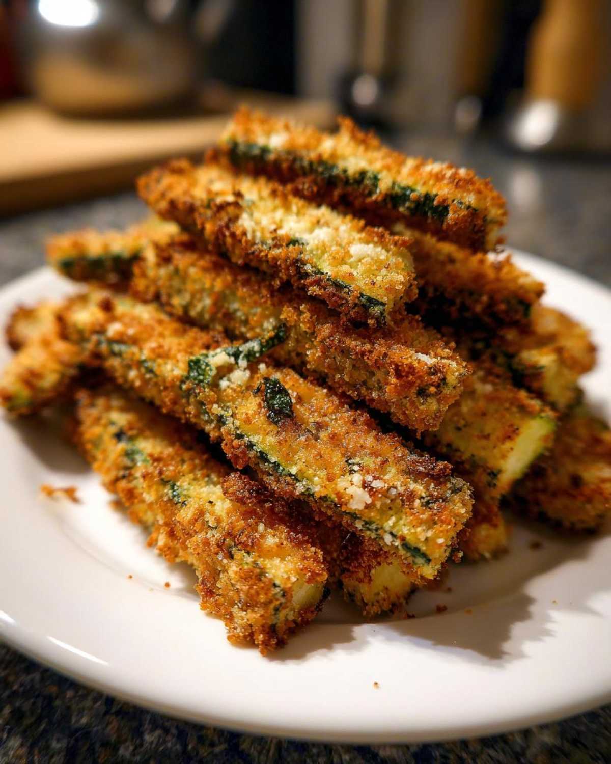 A close-up stack of crispy Air Fryer Zucchini Fries with Parmesan on a white plate.