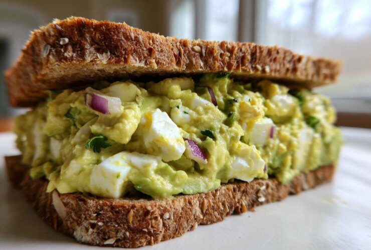 A thick, delicious Avocado Egg Salad Sandwich made with whole grain bread, visible chunks of egg white, and red onion.