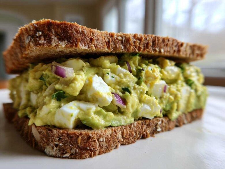 A thick, delicious Avocado Egg Salad Sandwich made with whole grain bread, visible chunks of egg white, and red onion.