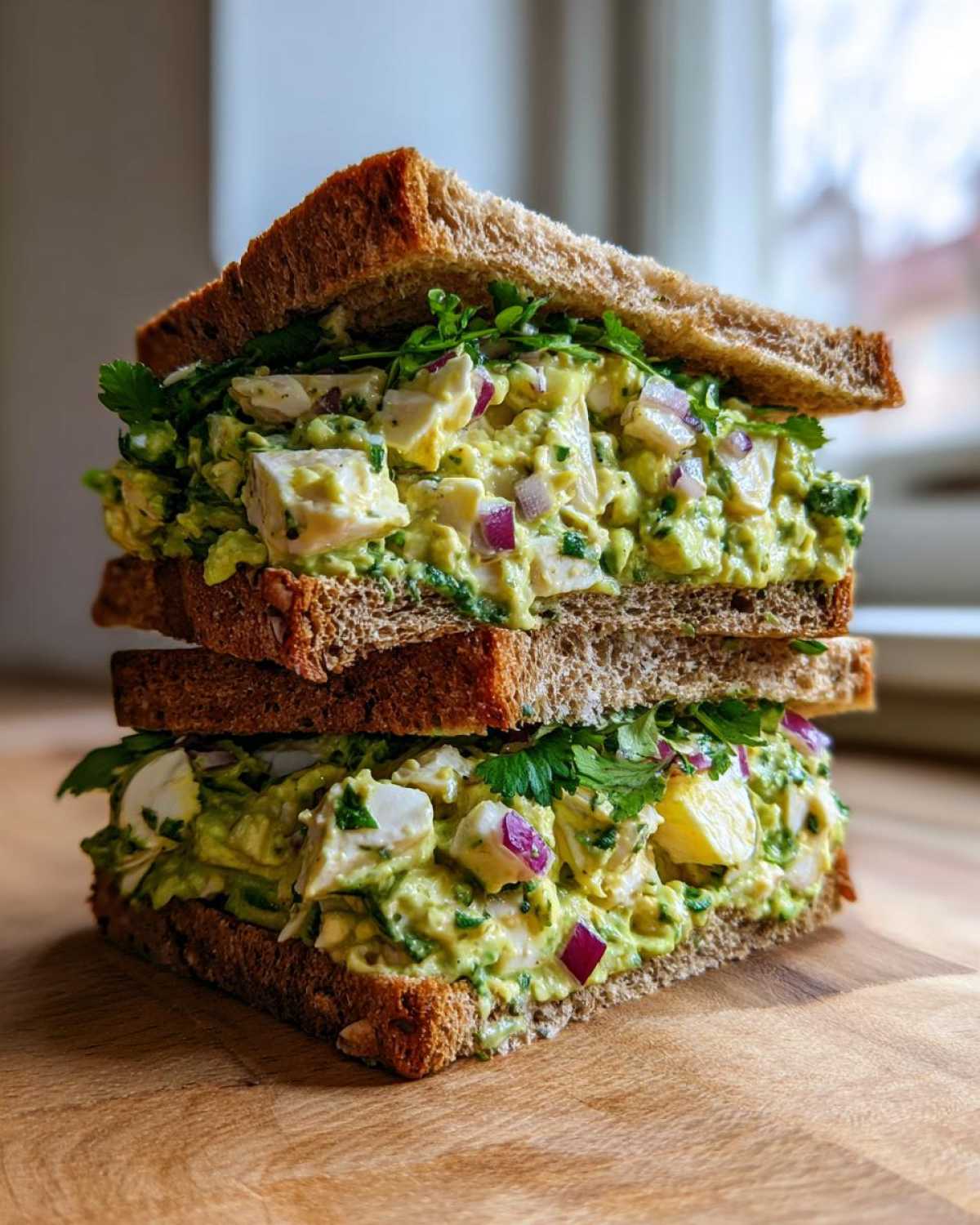 A tall, stacked Avocado Egg Salad Sandwich made with whole wheat bread, creamy avocado filling, chopped egg, and red onion.