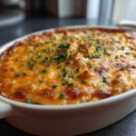 Close-up of hot Baked Buffalo Chicken Dip with a bubbly, golden-brown cheese topping garnished with fresh chives.