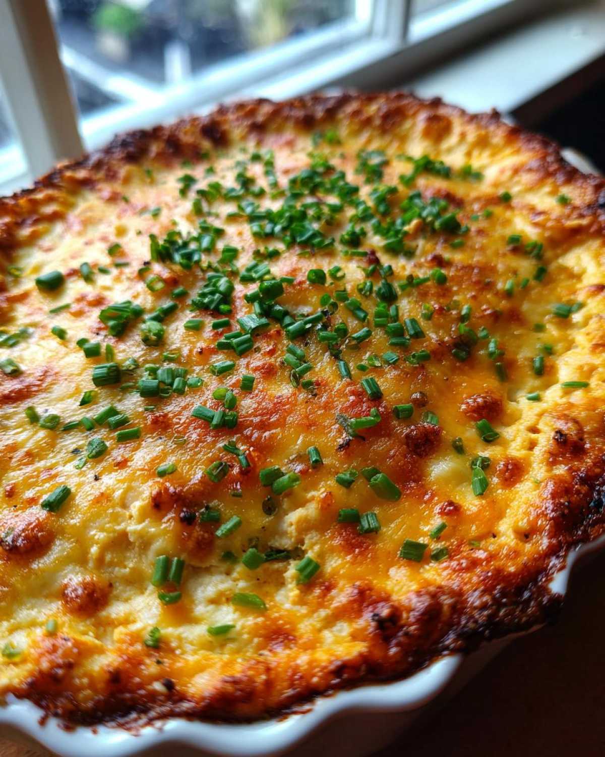 Close-up of a bubbly, golden-brown Baked Buffalo Chicken Dip topped with fresh green chives.