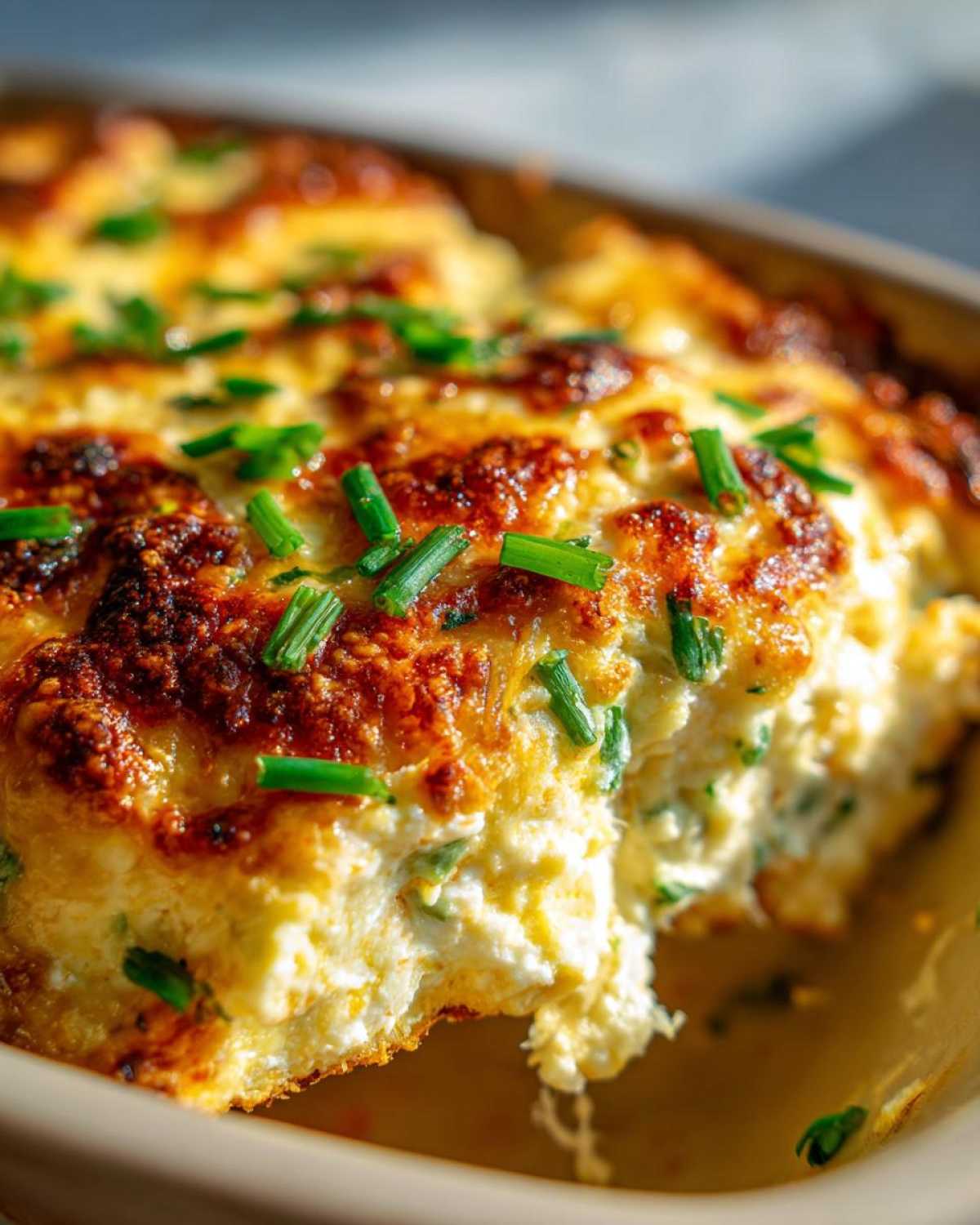 Close-up of a scoop taken from the Baked Buffalo Chicken Dip showing a creamy interior and browned, cheesy top garnished with fresh chives.