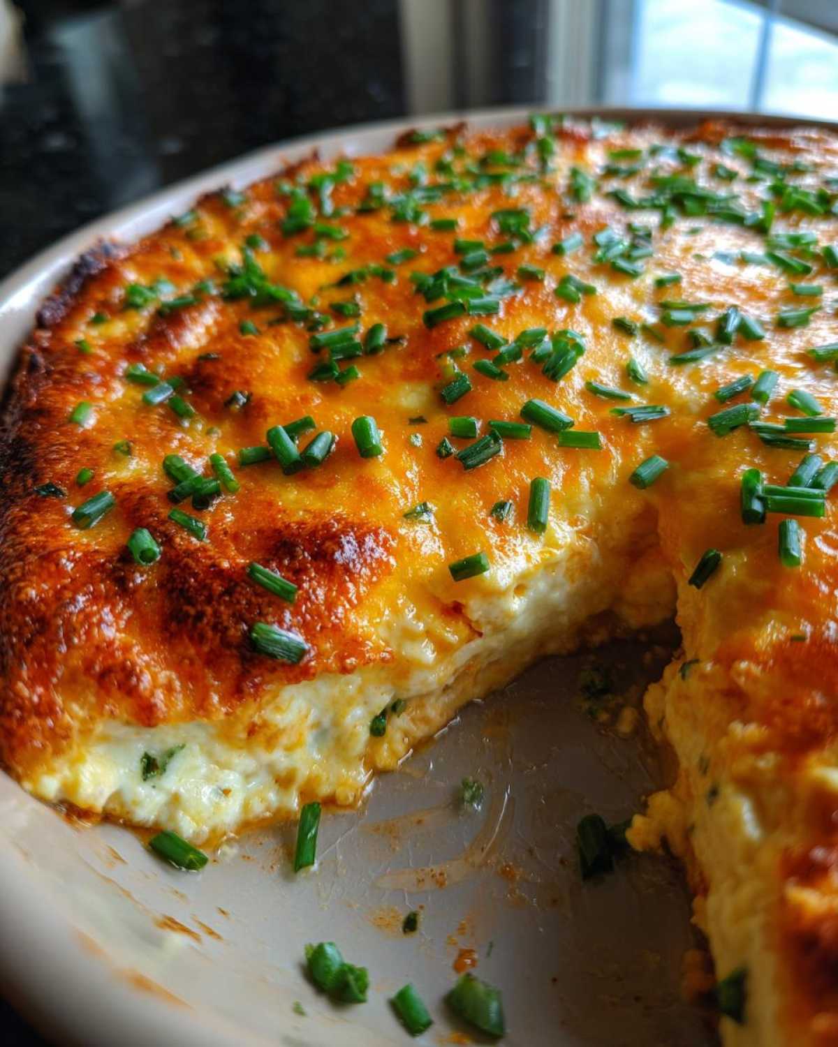 Close-up of a golden brown Baked Buffalo Chicken Dip, topped with melted cheese and fresh chives, with a scoop removed.