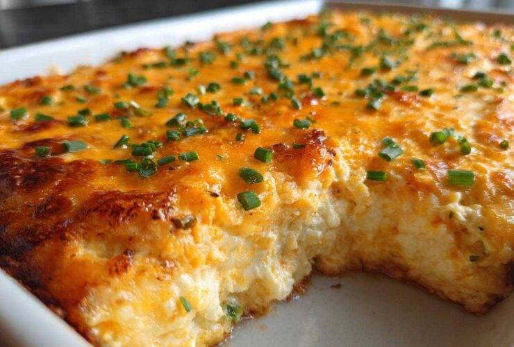A scoop has been taken out of the Baked Buffalo Chicken Dip, revealing the creamy interior and golden-brown, cheesy top garnished with chives.