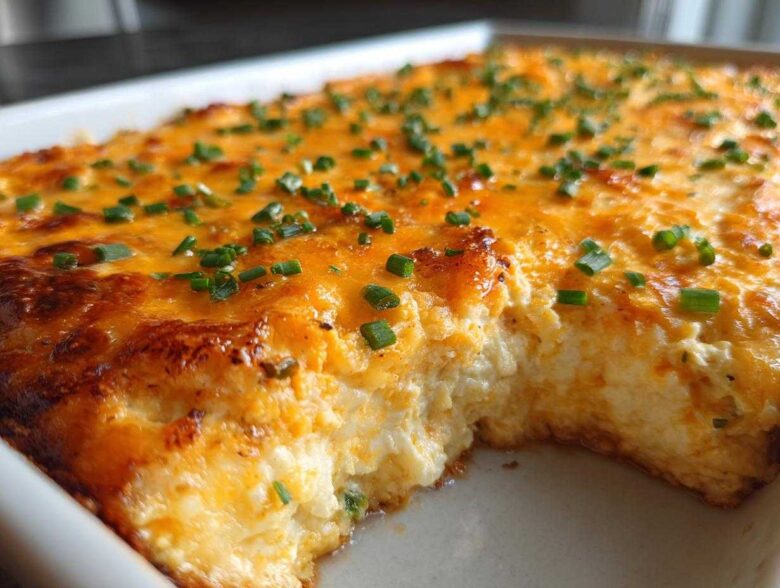 A scoop has been taken out of the Baked Buffalo Chicken Dip, revealing the creamy interior and golden-brown, cheesy top garnished with chives.