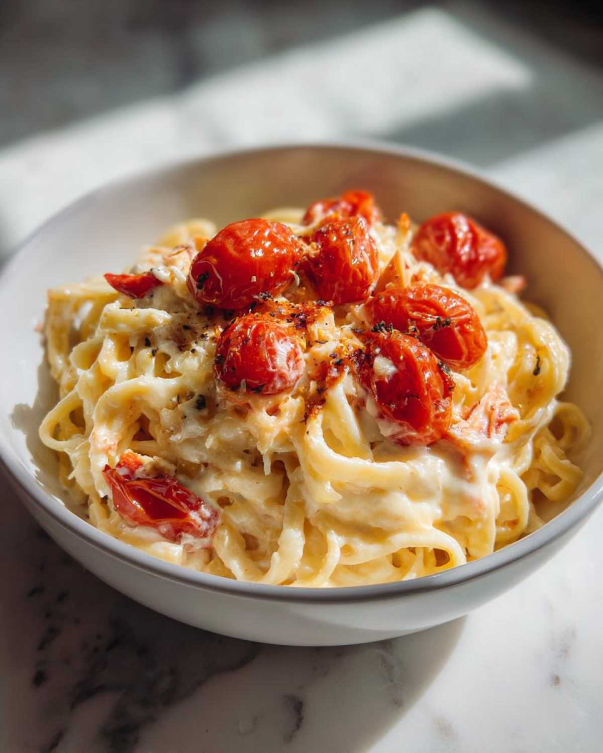 A bowl of creamy Baked Feta Pasta with roasted cherry tomatoes sprinkled with herbs.