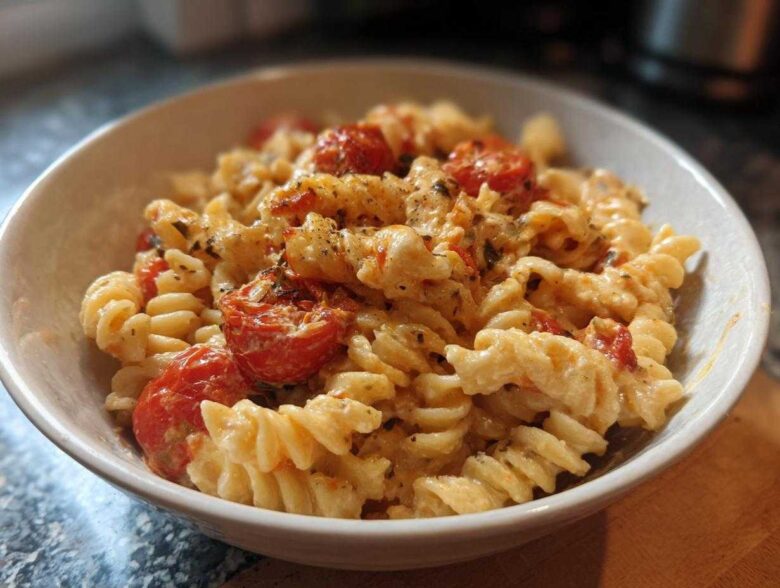 A close-up of creamy Baked Feta Pasta with Cherry Tomatoes mixed with fusilli pasta in a white bowl.
