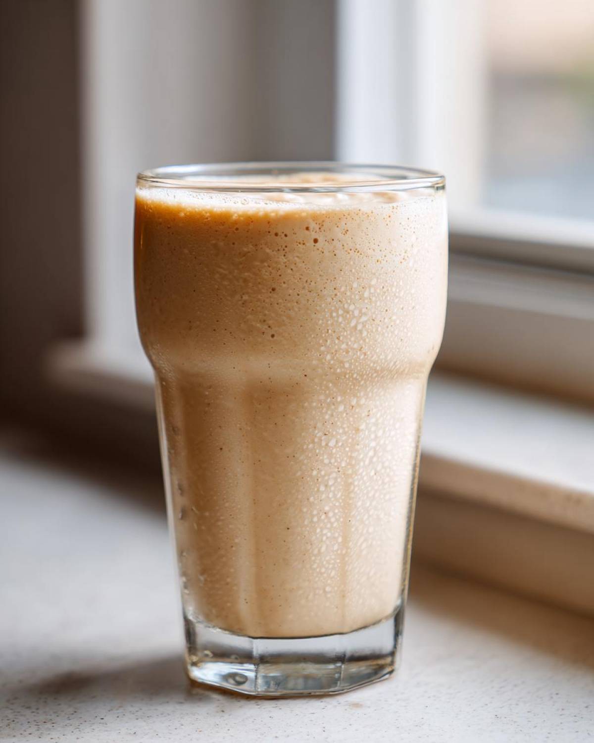 A tall glass filled with a thick, frothy Banana Peanut Butter Smoothie sitting on a light countertop near a window.