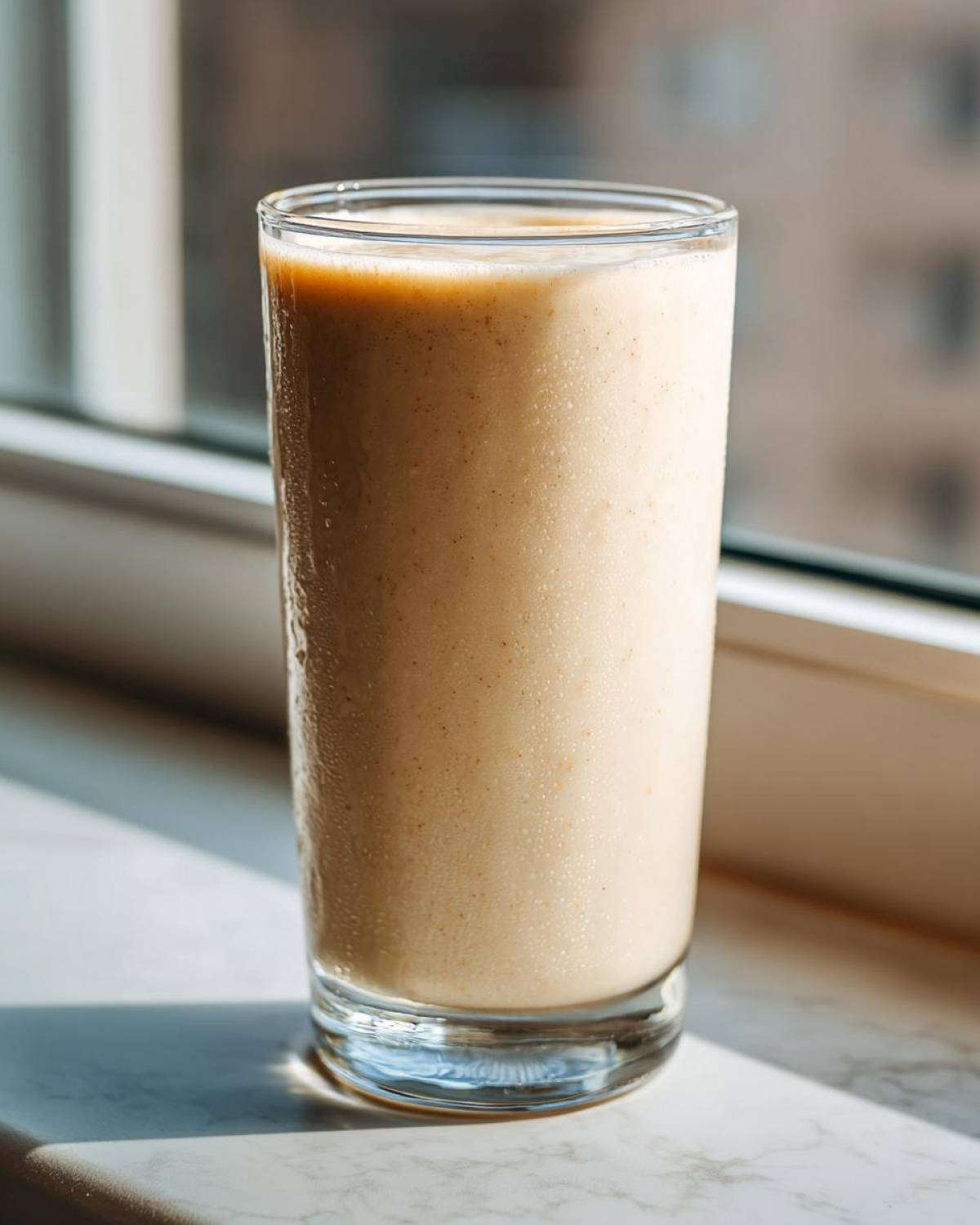 A tall glass filled with a thick, creamy Banana Peanut Butter Smoothie sitting on a marble windowsill in bright sunlight.