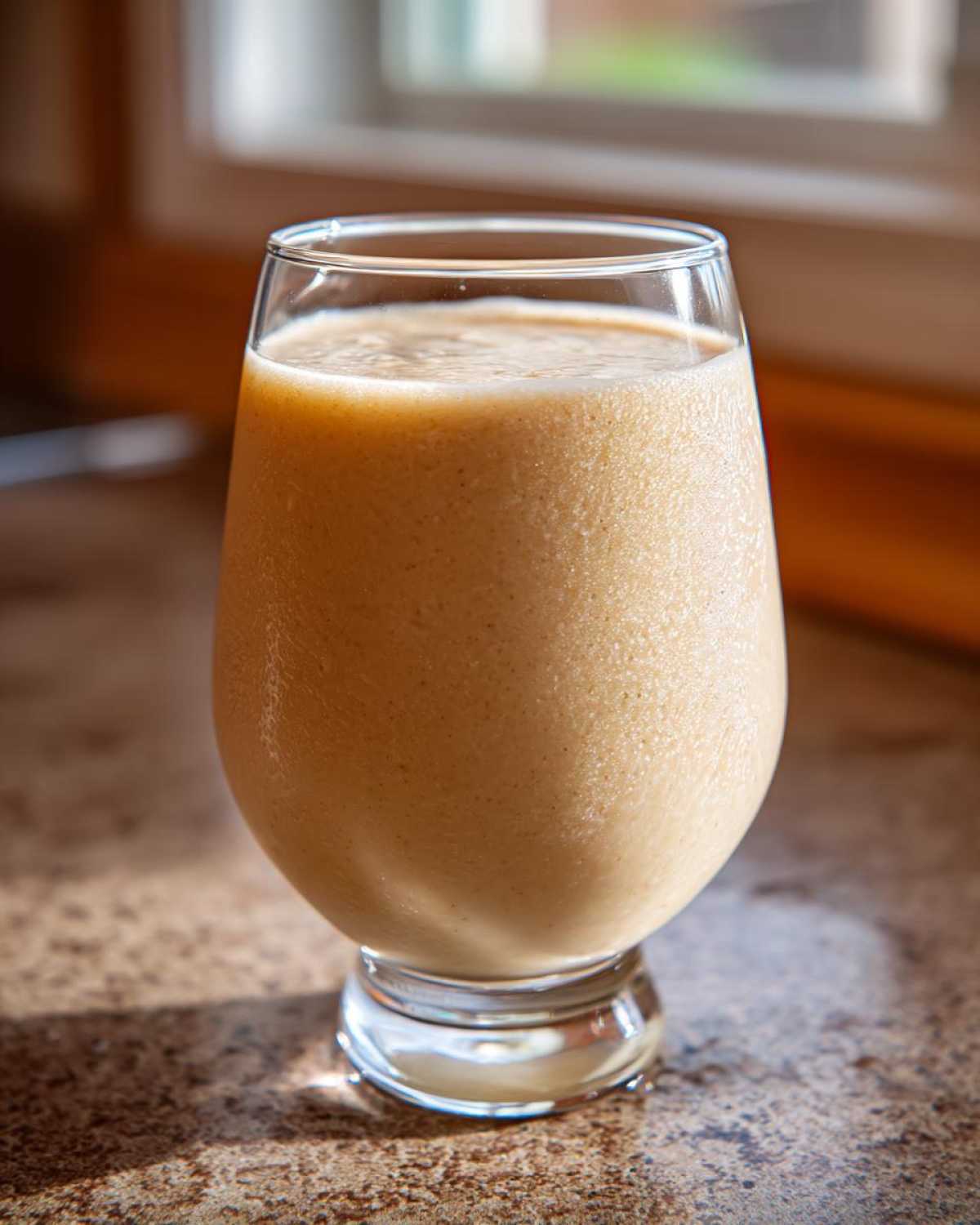 A close-up of a thick, creamy Banana Peanut Butter Smoothie served in a clear, stemmed glass.