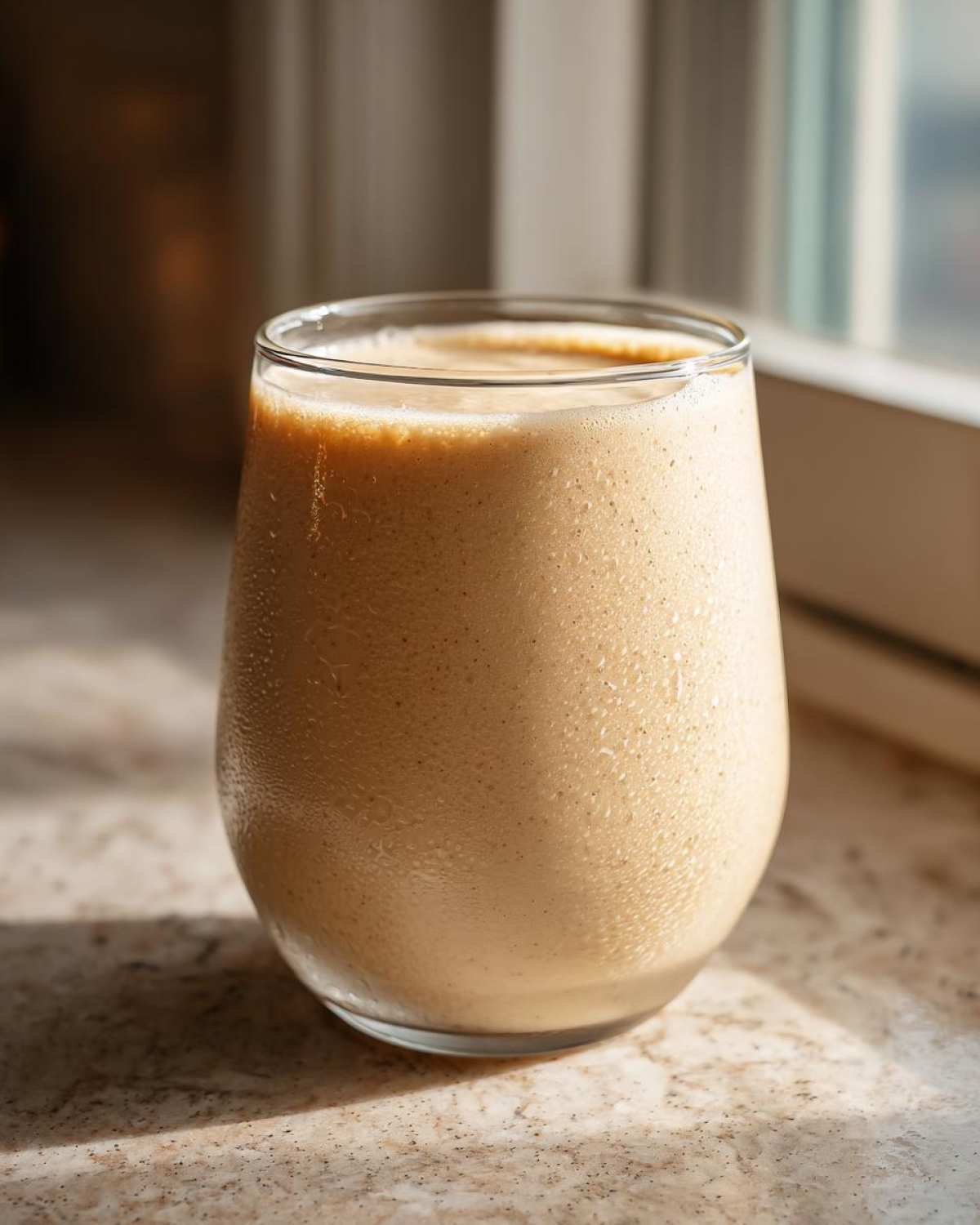 A close-up of a thick, creamy Banana Peanut Butter Smoothie in a clear glass, showing condensation.