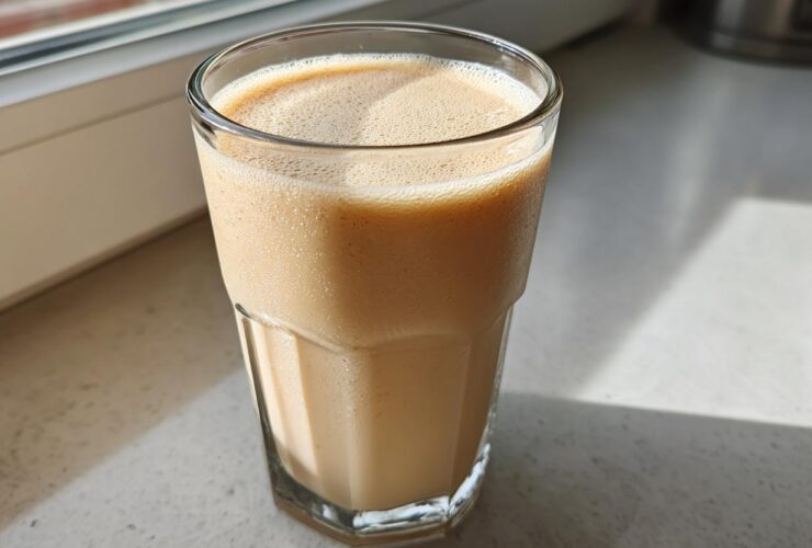A tall glass filled with a creamy Banana Peanut Butter Smoothie sitting on a bright countertop near a window.