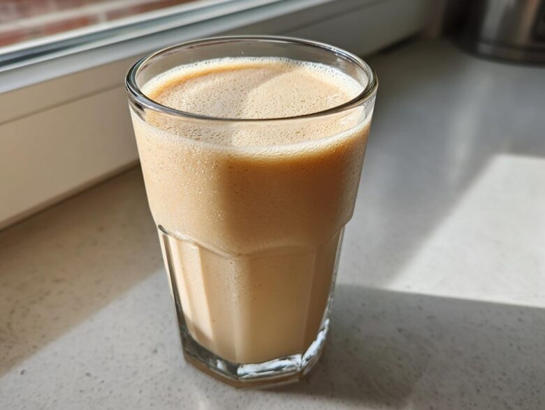 A tall glass filled with a creamy Banana Peanut Butter Smoothie sitting on a bright countertop near a window.