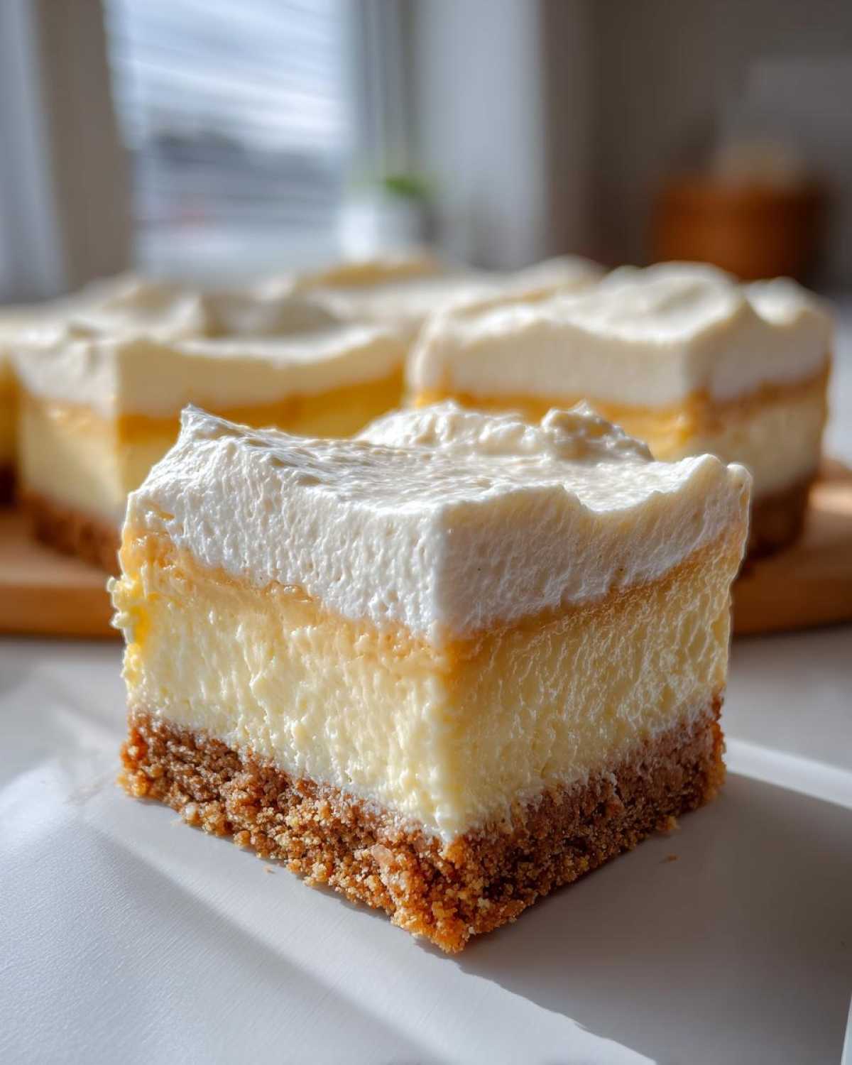 Close-up of a layered Banana Pudding Cheesecake Bars slice showing graham cracker crust, creamy filling, and whipped topping.