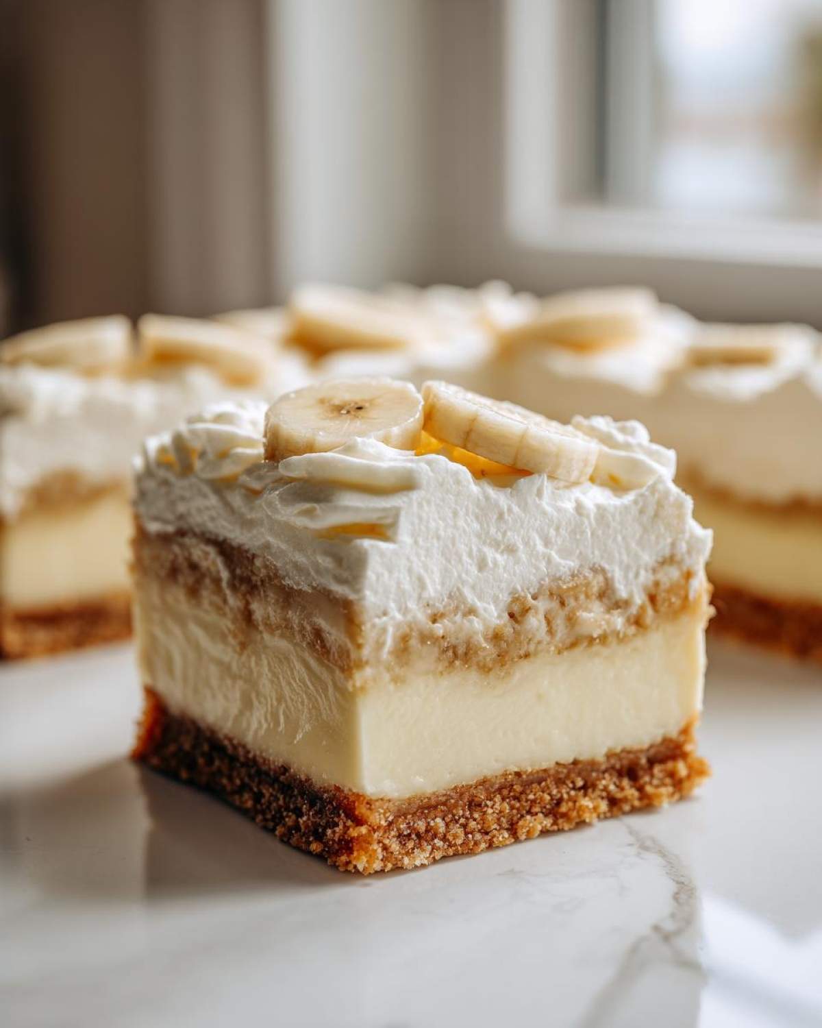 A close-up of a layered Banana Pudding Cheesecake Bars slice with a graham cracker crust, creamy filling, and whipped topping garnished with banana slices.