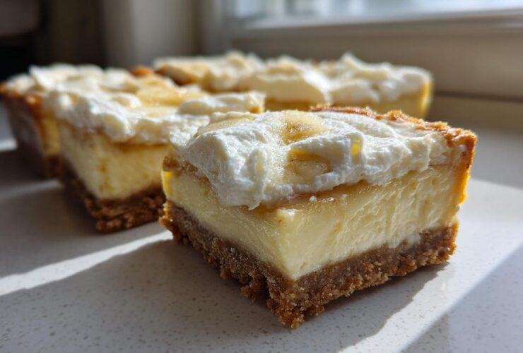 A close-up, sunlit view of a thick slice of Banana Pudding Cheesecake Bars showing the graham cracker crust, creamy filling, and whipped topping.