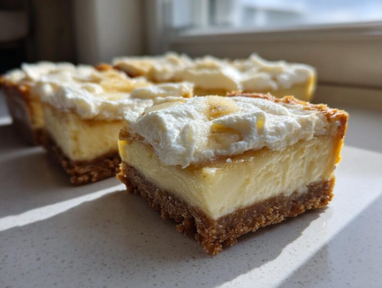 A close-up, sunlit view of a thick slice of Banana Pudding Cheesecake Bars showing the graham cracker crust, creamy filling, and whipped topping.