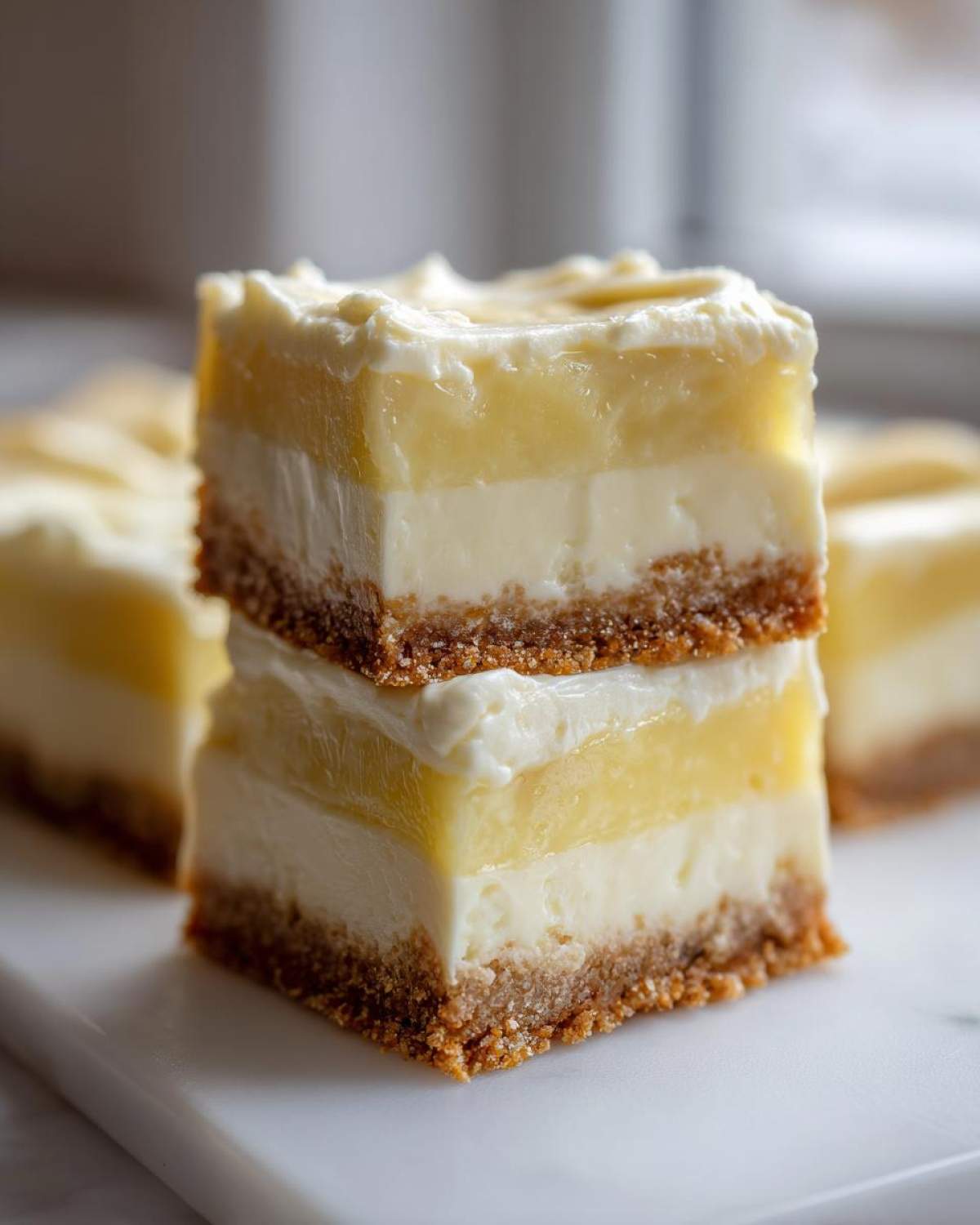 Two stacked squares of Banana Pudding Cheesecake Bars showing distinct layers: graham cracker crust, cheesecake, banana pudding, and cream cheese topping.