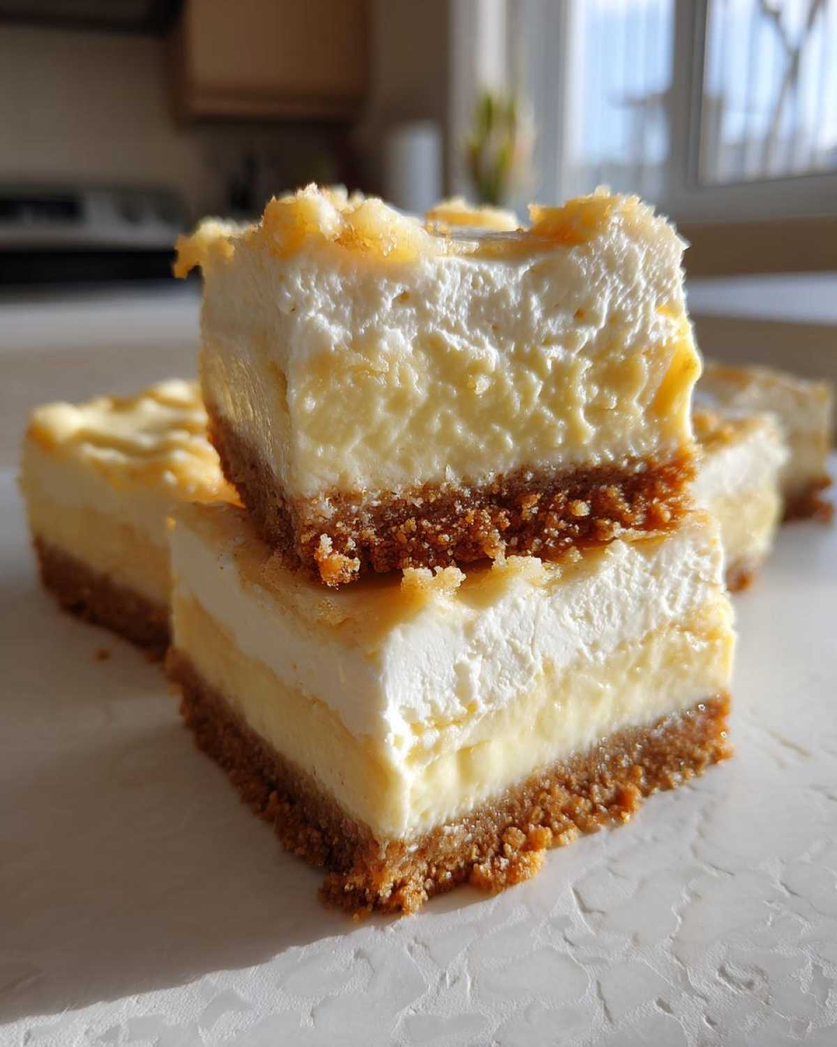 Two stacked squares of Banana Pudding Cheesecake Bars showing graham cracker crust, creamy filling, and whipped topping.