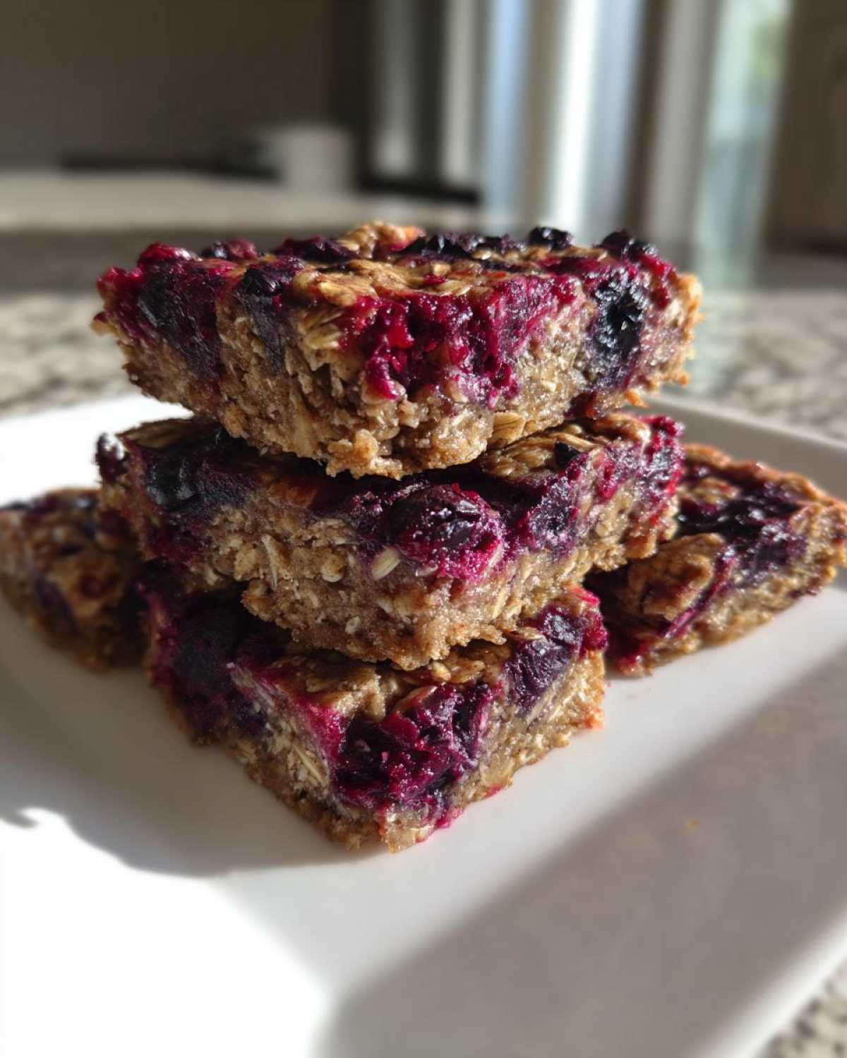 A stack of three rich, moist Blueberry Baked Oatmeal Squares topped with vibrant purple berries on a white plate.