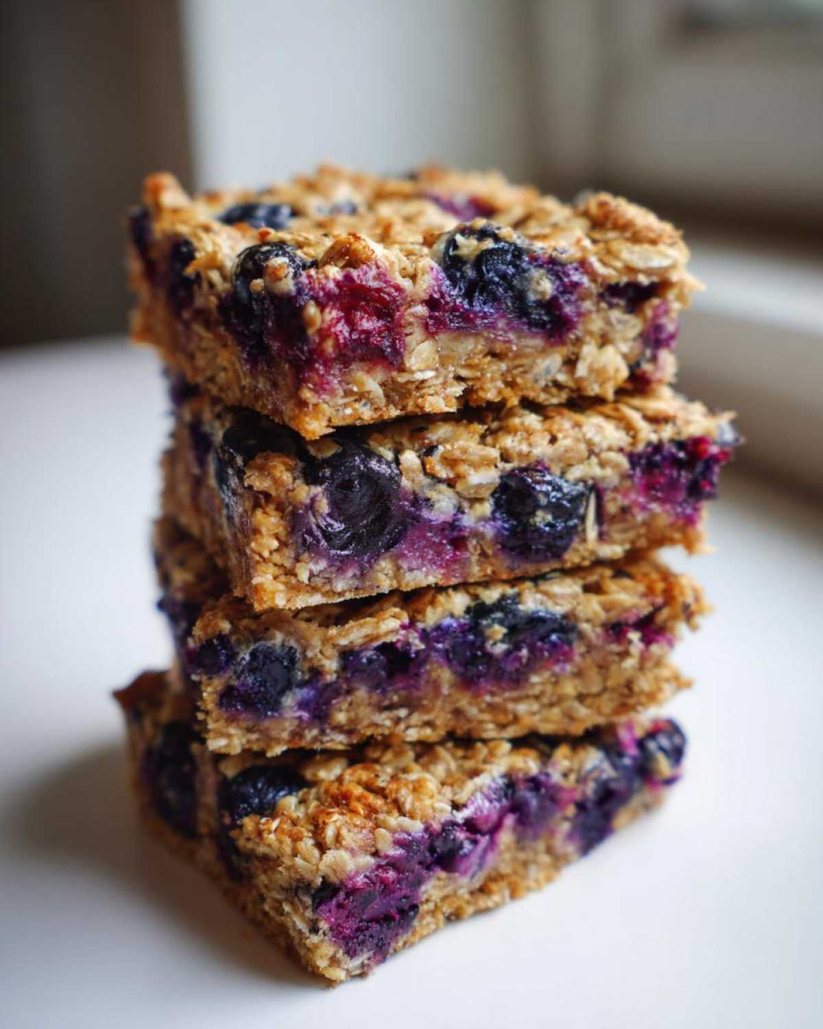 A vertical stack of four rich Blueberry Baked Oatmeal Squares showing visible oats and bursting blueberries.