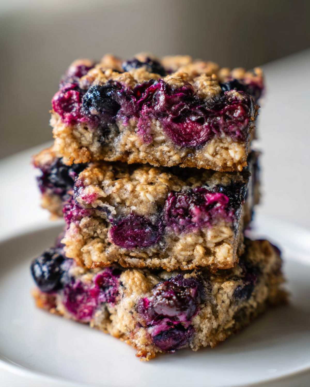 A stack of three moist Blueberry Baked Oatmeal Squares featuring visible oats and burst blueberries.