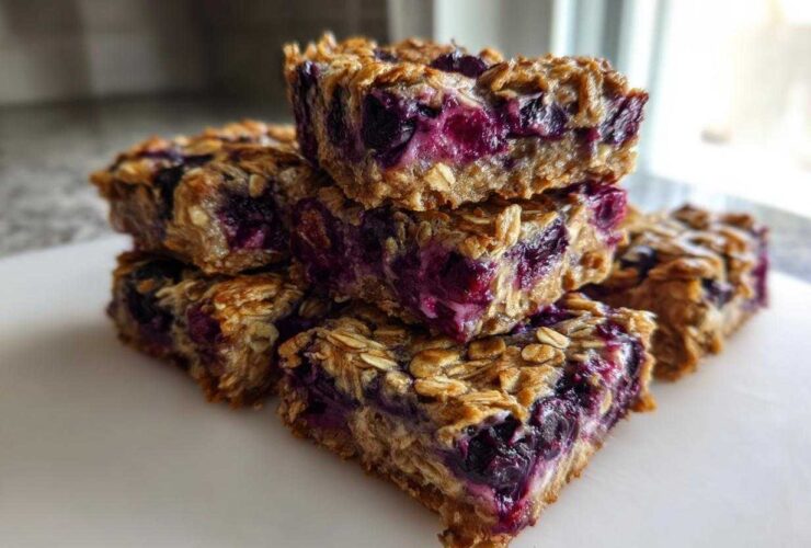 A stack of five moist Blueberry Baked Oatmeal Squares showing visible oats and bursting blueberries.