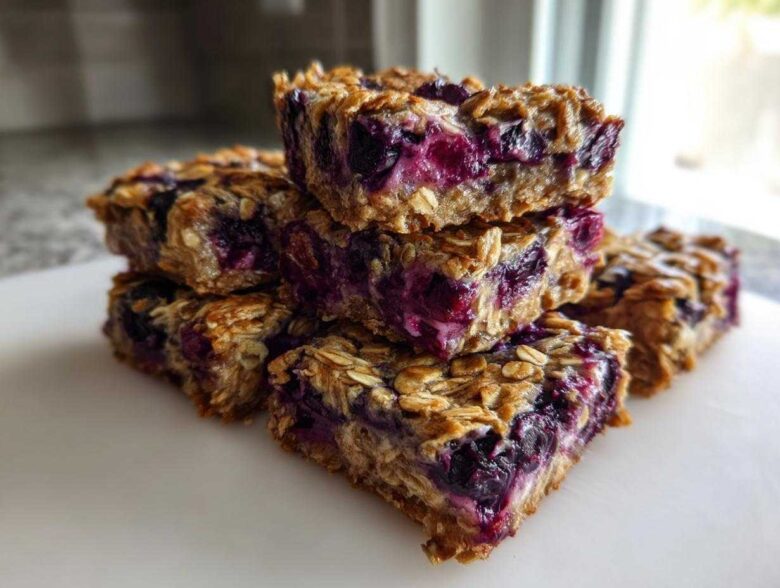A stack of five moist Blueberry Baked Oatmeal Squares showing visible oats and bursting blueberries.