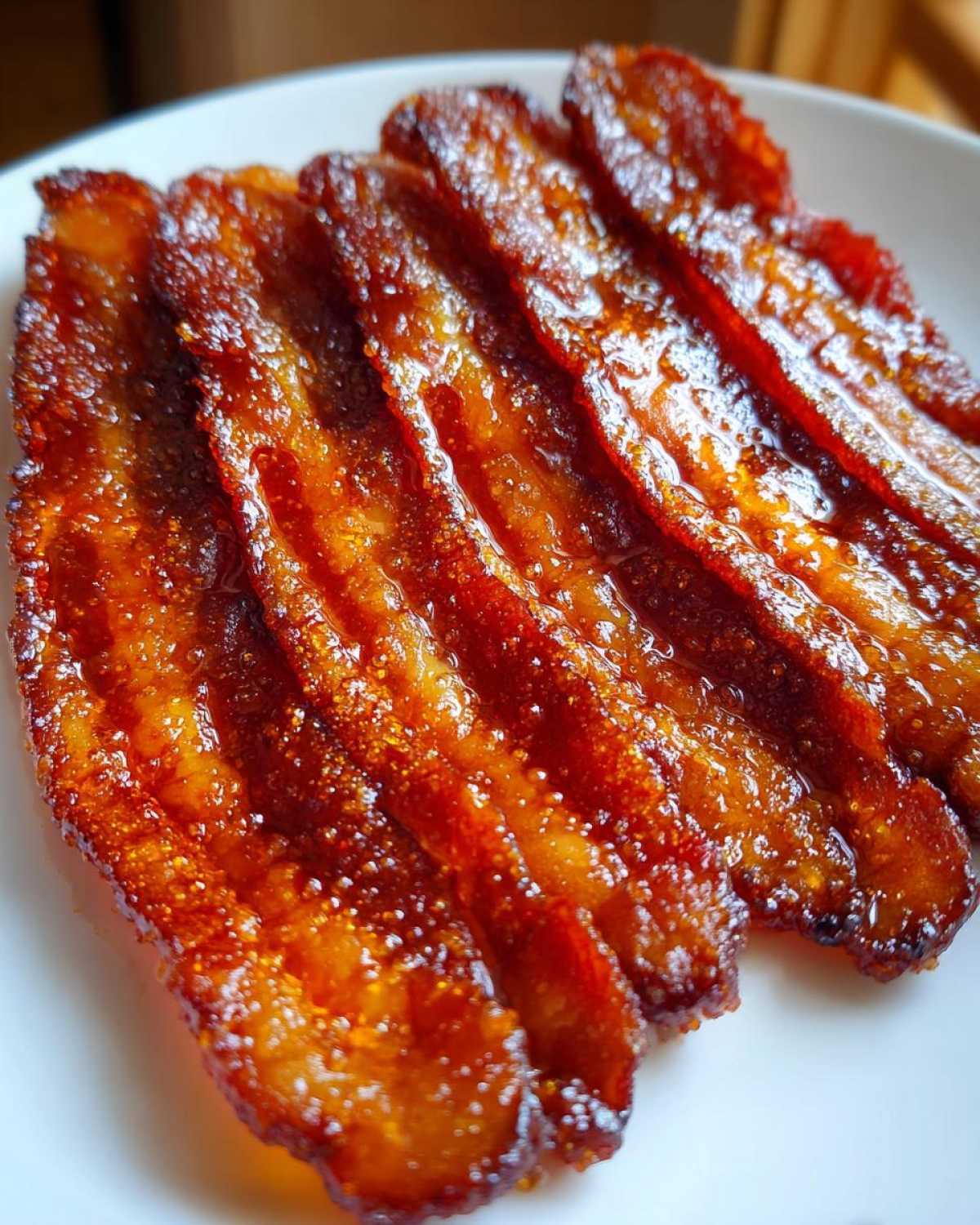 Close-up of several strips of crispy, glistening Brown Sugar Glazed Bacon arranged on a white plate.